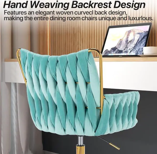 Alt view image 5 of 7 - KCC Modern Velvet Home Office Desk Chair with Hand Woven Backrest, Upholstered Adjustable Makeup Vanity Chair with Armrest and Golden Metal Base with Wheels for Living Room Bedroom Study(Bule)