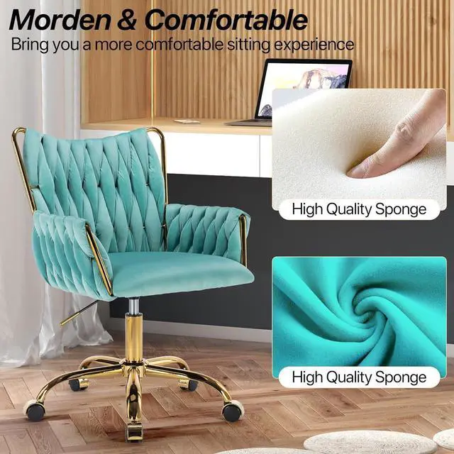 Alt view image 6 of 7 - KCC Modern Velvet Home Office Desk Chair with Hand Woven Backrest, Upholstered Adjustable Makeup Vanity Chair with Armrest and Golden Metal Base with Wheels for Living Room Bedroom Study(Bule)