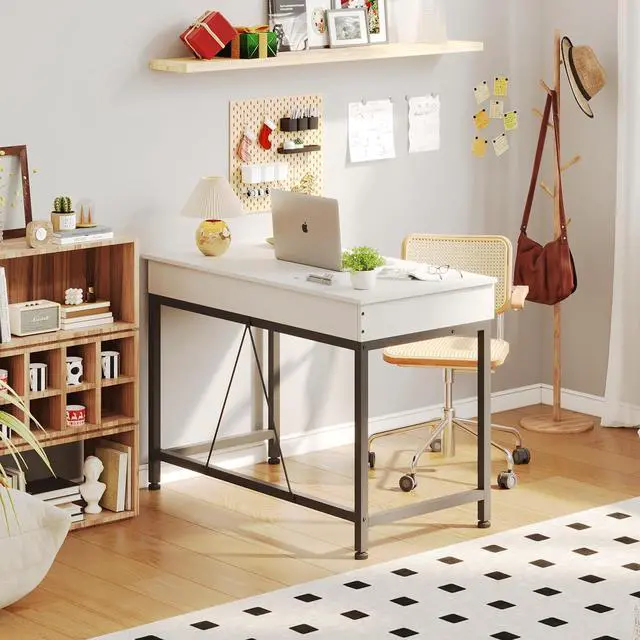Alt view image 2 of 7 - Mexin Small White Desk with 2 Wooden Drawers, 40 Inch Home Office Writing Desk, White Vanity Desk with Storage, Computer Desk for Bedroom Small Spaces, Desk Table for Office, Work, Kids Study, Makeup
