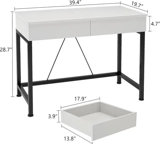 Alt view image 3 of 7 - Mexin Small White Desk with 2 Wooden Drawers, 40 Inch Home Office Writing Desk, White Vanity Desk with Storage, Computer Desk for Bedroom Small Spaces, Desk Table for Office, Work, Kids Study, Makeup