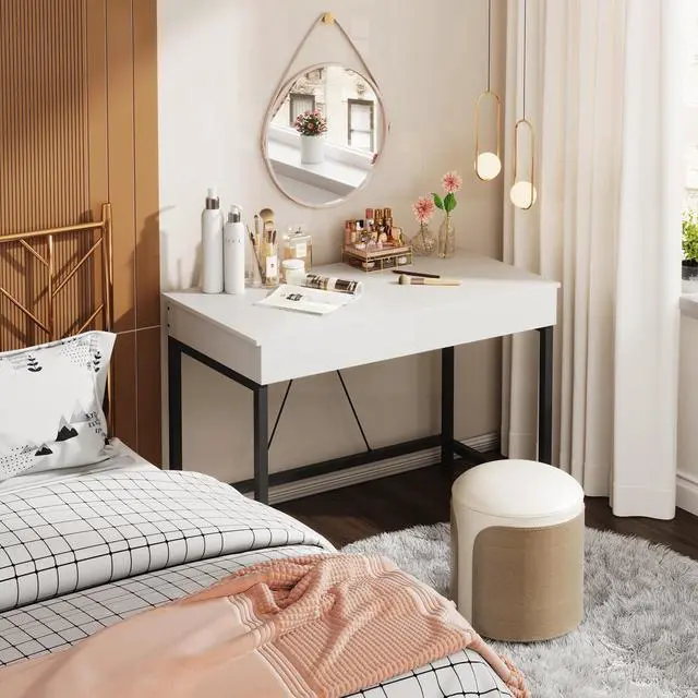 Alt view image 4 of 7 - Mexin Small White Desk with 2 Wooden Drawers, 40 Inch Home Office Writing Desk, White Vanity Desk with Storage, Computer Desk for Bedroom Small Spaces, Desk Table for Office, Work, Kids Study, Makeup