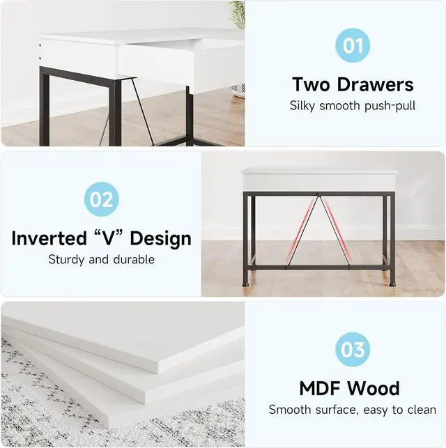 Alt view image 5 of 7 - Mexin Small White Desk with 2 Wooden Drawers, 40 Inch Home Office Writing Desk, White Vanity Desk with Storage, Computer Desk for Bedroom Small Spaces, Desk Table for Office, Work, Kids Study, Makeup