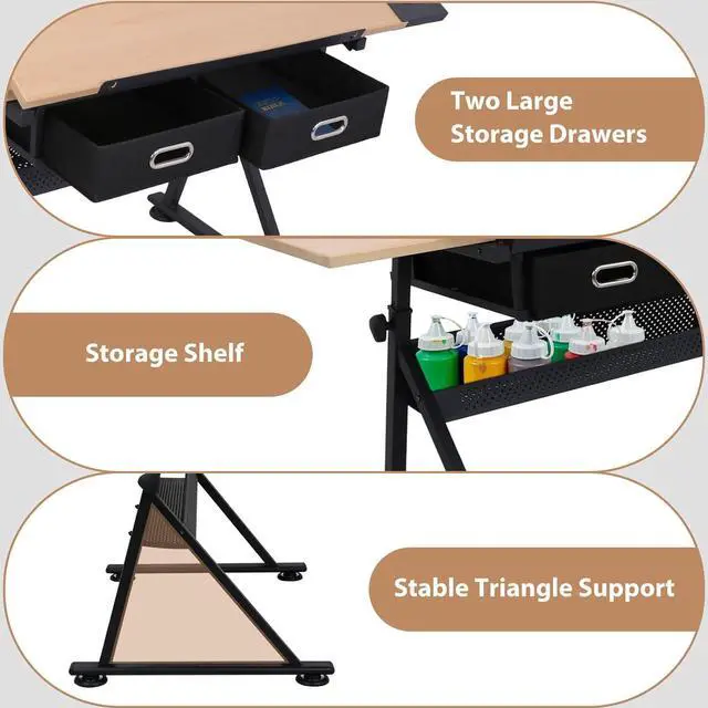 Alt view image 2 of 7 - HomGarden Height Adjustable Drafting Desk Drawing Table Art Craft Work Station w/Stool, Storage Drawers for Drawing, Reading, Writing