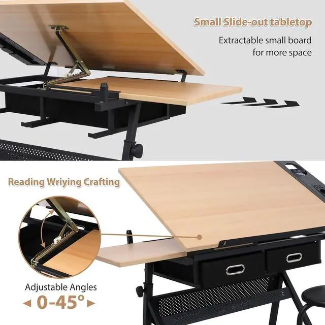Alt view image 3 of 7 - HomGarden Height Adjustable Drafting Desk Drawing Table Art Craft Work Station w/Stool, Storage Drawers for Drawing, Reading, Writing
