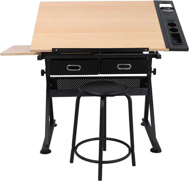 Alt view image 4 of 7 - HomGarden Height Adjustable Drafting Desk Drawing Table Art Craft Work Station w/Stool, Storage Drawers for Drawing, Reading, Writing