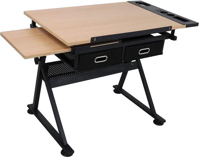 Alt view image 5 of 7 - HomGarden Height Adjustable Drafting Desk Drawing Table Art Craft Work Station w/Stool, Storage Drawers for Drawing, Reading, Writing