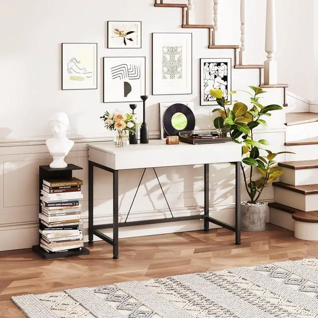 Alt view image 7 of 7 - Mexin Small White Desk with 2 Wooden Drawers, 40 Inch Home Office Writing Desk, White Vanity Desk with Storage, Computer Desk for Bedroom Small Spaces, Desk Table for Office, Work, Kids Study, Makeup