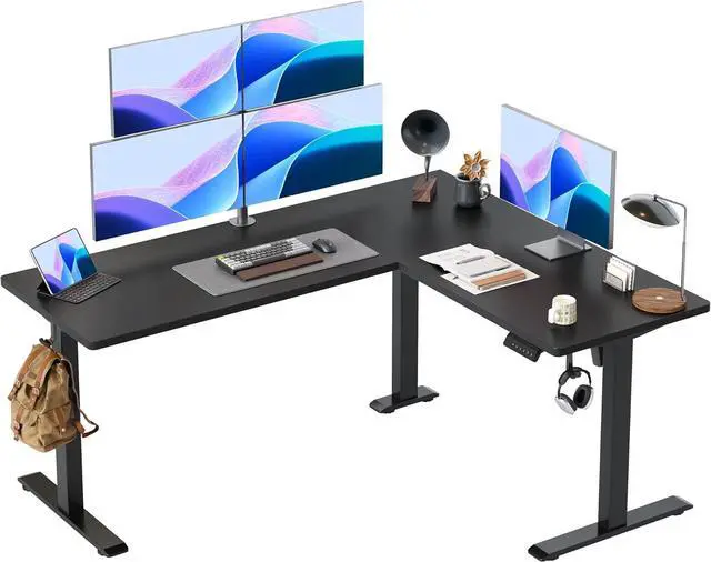 Main image of TIQLAB Standing Desk L Shaped, 63x55 Inch Adjustable Height Desk Electric Stand Up Desk, Corner Standing Desk with Hooks, Sit Stand Desk with Splice Board, Black