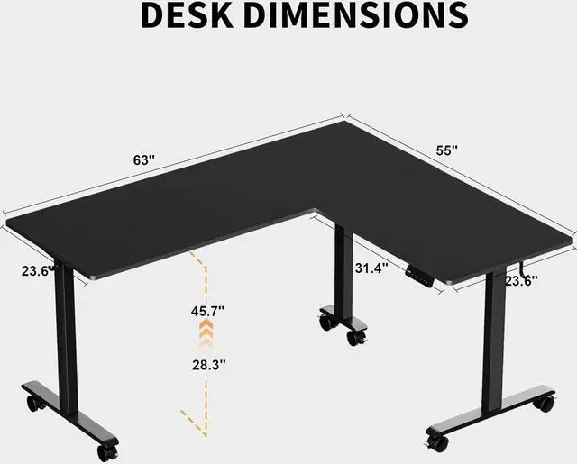 Alt view image 3 of 7 - TIQLAB Standing Desk L Shaped, 63x55 Inch Adjustable Height Desk Electric Stand Up Desk, Corner Standing Desk with Hooks, Sit Stand Desk with Splice Board, Black