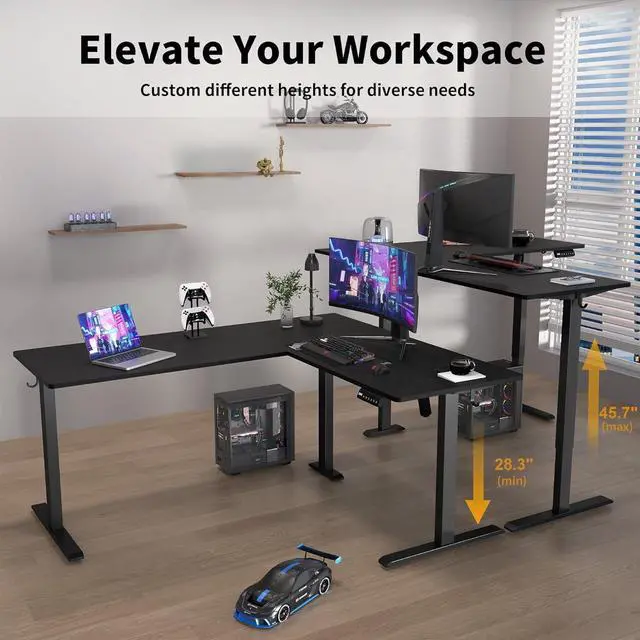 Alt view image 7 of 7 - TIQLAB Standing Desk L Shaped, 63x55 Inch Adjustable Height Desk Electric Stand Up Desk, Corner Standing Desk with Hooks, Sit Stand Desk with Splice Board, Black