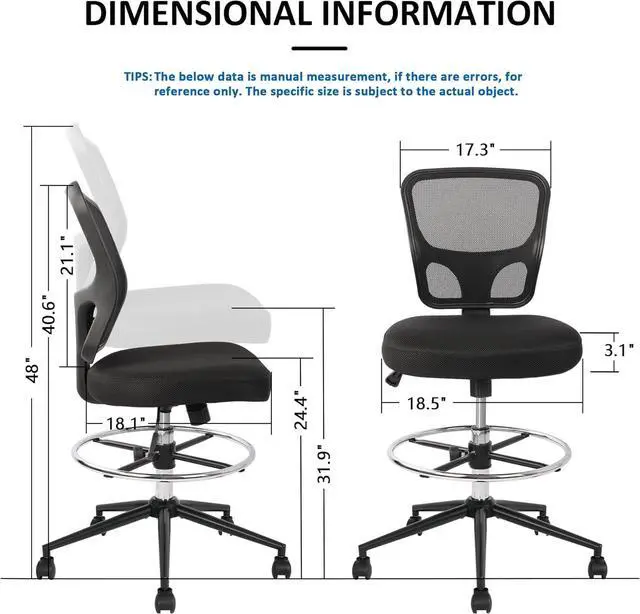 Alt view image 3 of 7 - Armless Drafting Chair Tall Office Chair Adjustable Height High Back Ergonomic Desk Chair Drafting Stool Rolling Bar Stools Chairs with Footrest and Wheels
