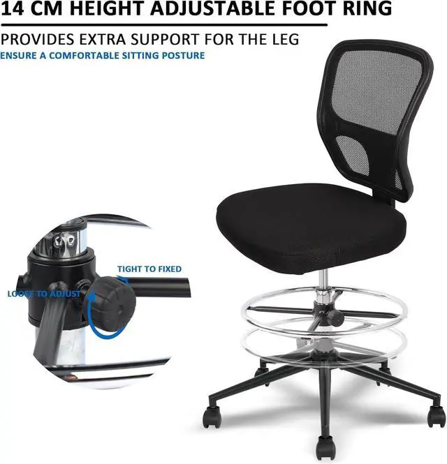 Alt view image 5 of 7 - Armless Drafting Chair Tall Office Chair Adjustable Height High Back Ergonomic Desk Chair Drafting Stool Rolling Bar Stools Chairs with Footrest and Wheels