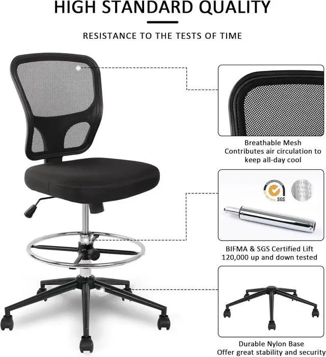 Alt view image 7 of 7 - Armless Drafting Chair Tall Office Chair Adjustable Height High Back Ergonomic Desk Chair Drafting Stool Rolling Bar Stools Chairs with Footrest and Wheels