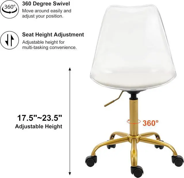 Alt view image 2 of 7 - HOMEFUN Clear Desk Chair with Cushion, Armless Acrylic Rolling Chair with Golden Feet Swivel Height Adjustable Ghost Chair Molded Plastic Home Office Chair with Wheels