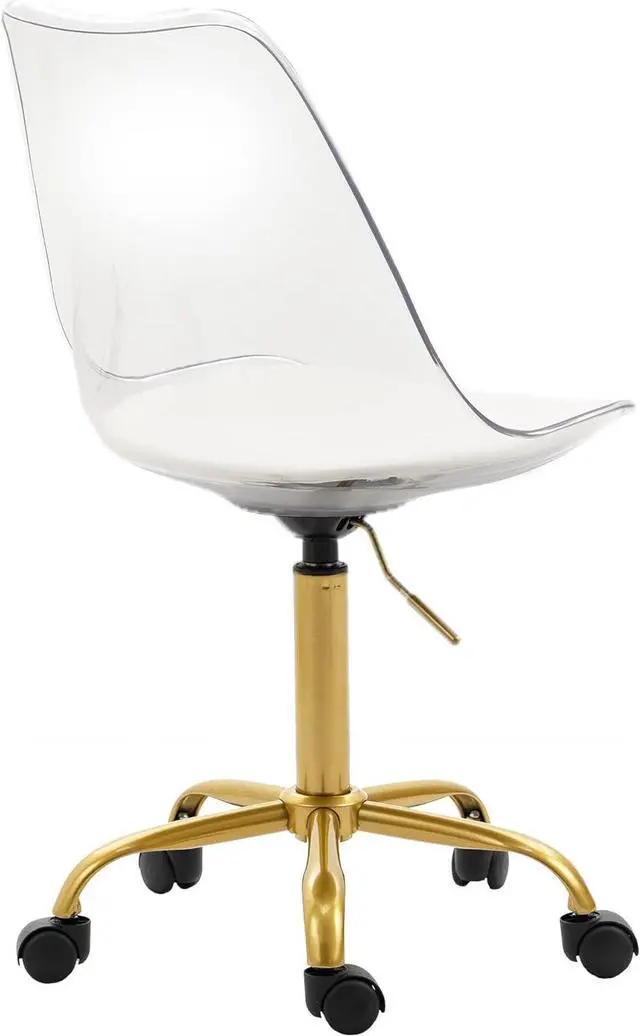 Alt view image 4 of 7 - HOMEFUN Clear Desk Chair with Cushion, Armless Acrylic Rolling Chair with Golden Feet Swivel Height Adjustable Ghost Chair Molded Plastic Home Office Chair with Wheels
