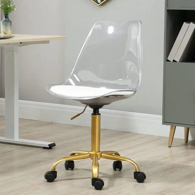 Alt view image 5 of 7 - HOMEFUN Clear Desk Chair with Cushion, Armless Acrylic Rolling Chair with Golden Feet Swivel Height Adjustable Ghost Chair Molded Plastic Home Office Chair with Wheels