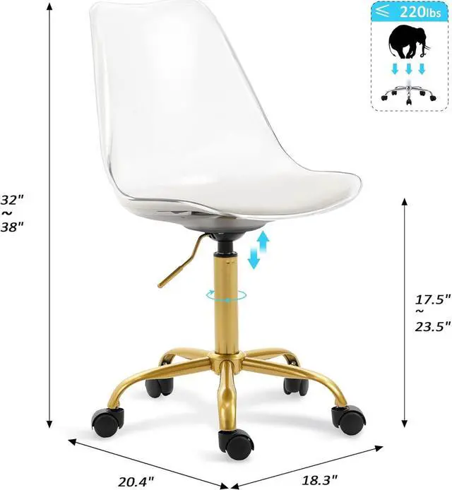 Alt view image 6 of 7 - HOMEFUN Clear Desk Chair with Cushion, Armless Acrylic Rolling Chair with Golden Feet Swivel Height Adjustable Ghost Chair Molded Plastic Home Office Chair with Wheels