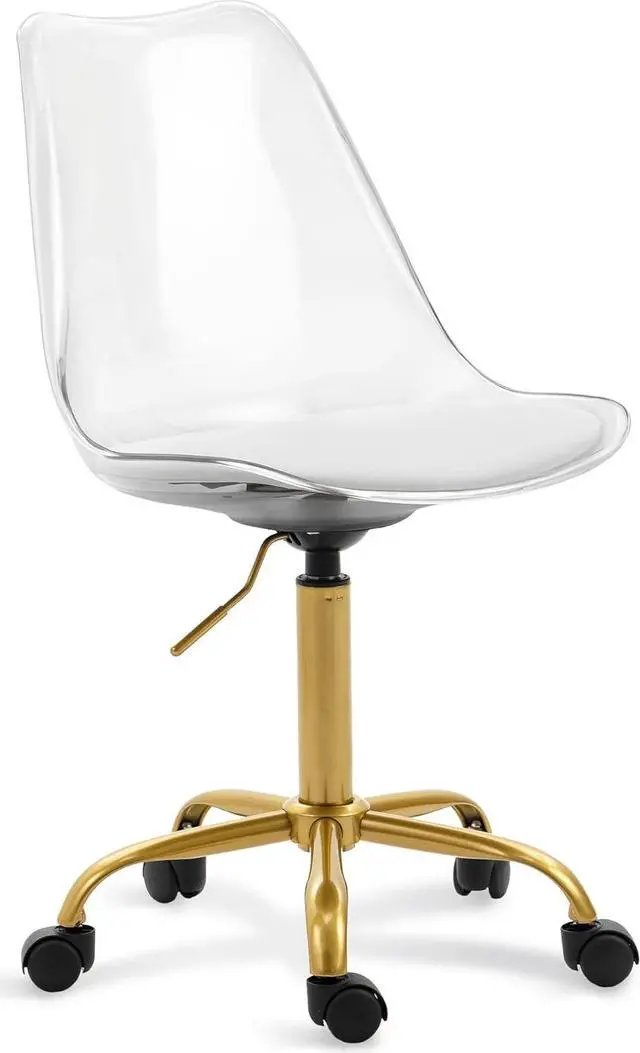 Alt view image 7 of 7 - HOMEFUN Clear Desk Chair with Cushion, Armless Acrylic Rolling Chair with Golden Feet Swivel Height Adjustable Ghost Chair Molded Plastic Home Office Chair with Wheels