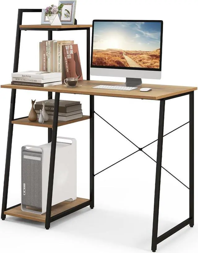Main image of COSTWAY Computer Desk with 4-Tier Storage Shelves, Home Office Desk Writing Table with Sturdy X-Shape Frame, Adjustable Foot Pads, Modern Small Study Desk, Wide Tabletop (Natural and Black)