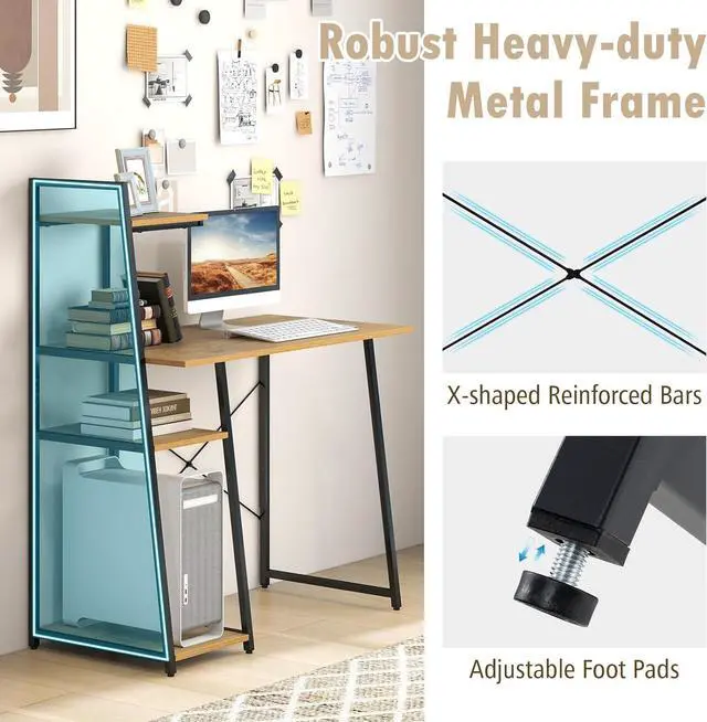 Alt view image 4 of 7 - COSTWAY Computer Desk with 4-Tier Storage Shelves, Home Office Desk Writing Table with Sturdy X-Shape Frame, Adjustable Foot Pads, Modern Small Study Desk, Wide Tabletop (Natural and Black)