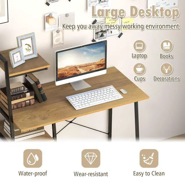 Alt view image 5 of 7 - COSTWAY Computer Desk with 4-Tier Storage Shelves, Home Office Desk Writing Table with Sturdy X-Shape Frame, Adjustable Foot Pads, Modern Small Study Desk, Wide Tabletop (Natural and Black)