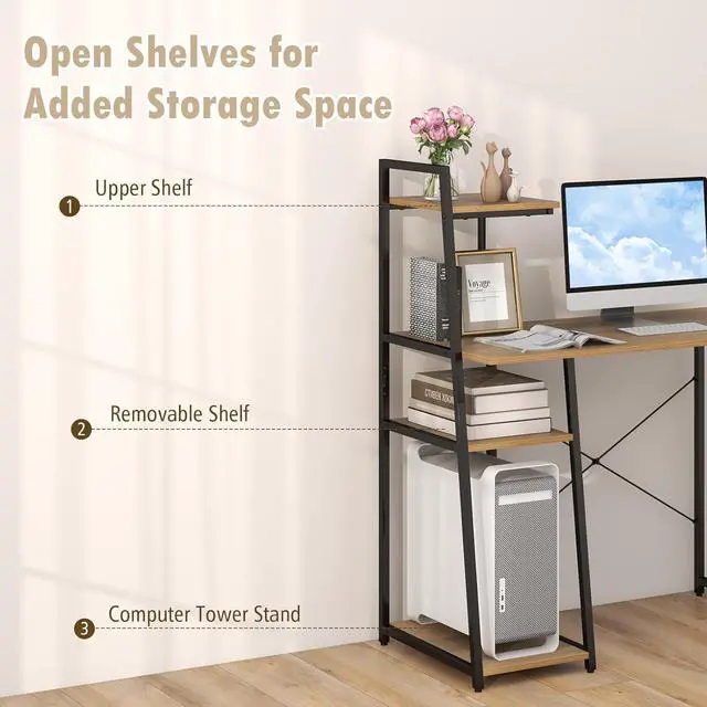 Alt view image 6 of 7 - COSTWAY Computer Desk with 4-Tier Storage Shelves, Home Office Desk Writing Table with Sturdy X-Shape Frame, Adjustable Foot Pads, Modern Small Study Desk, Wide Tabletop (Natural and Black)