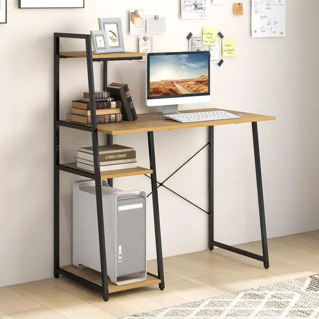 Alt view image 7 of 7 - COSTWAY Computer Desk with 4-Tier Storage Shelves, Home Office Desk Writing Table with Sturdy X-Shape Frame, Adjustable Foot Pads, Modern Small Study Desk, Wide Tabletop (Natural and Black)