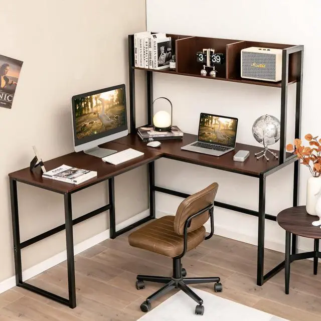 Alt view image 2 of 7 - Tangkula Reversible L-Shaped Desk with Hutch, Space Saving Corner Computer Desk with Storage Shelves, Home Office Study Writing Desk Computer Workstation with Storage Bookshelf, Gaming Desk