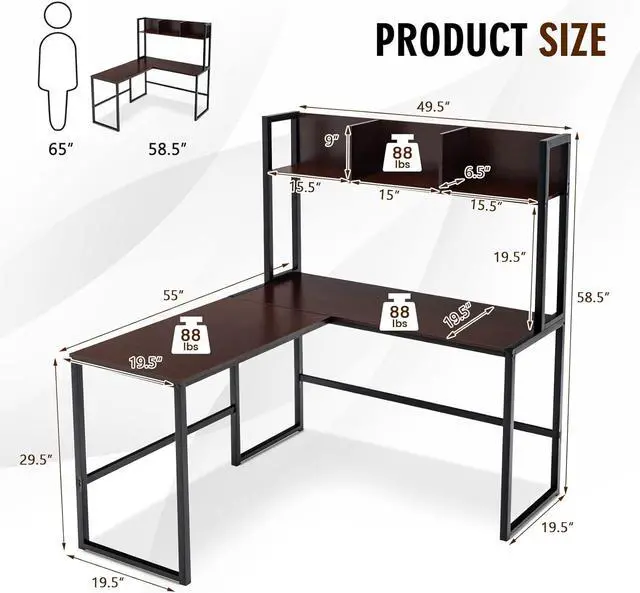 Alt view image 3 of 7 - Tangkula Reversible L-Shaped Desk with Hutch, Space Saving Corner Computer Desk with Storage Shelves, Home Office Study Writing Desk Computer Workstation with Storage Bookshelf, Gaming Desk