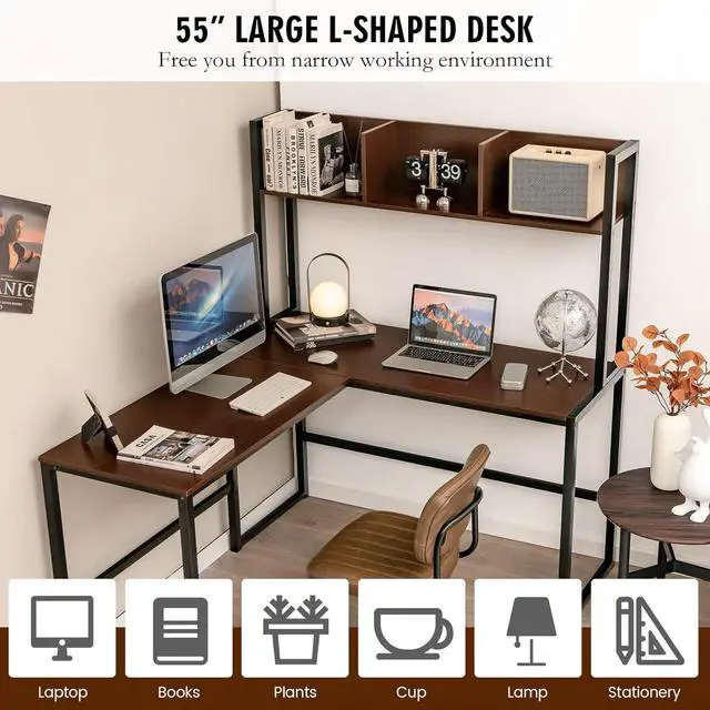 Alt view image 4 of 7 - Tangkula Reversible L-Shaped Desk with Hutch, Space Saving Corner Computer Desk with Storage Shelves, Home Office Study Writing Desk Computer Workstation with Storage Bookshelf, Gaming Desk