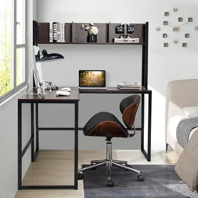 Alt view image 5 of 7 - Tangkula Reversible L-Shaped Desk with Hutch, Space Saving Corner Computer Desk with Storage Shelves, Home Office Study Writing Desk Computer Workstation with Storage Bookshelf, Gaming Desk