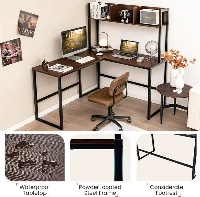 Alt view image 6 of 7 - Tangkula Reversible L-Shaped Desk with Hutch, Space Saving Corner Computer Desk with Storage Shelves, Home Office Study Writing Desk Computer Workstation with Storage Bookshelf, Gaming Desk
