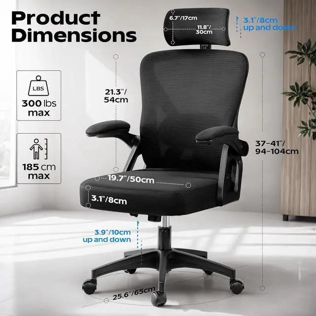Alt view image 2 of 7 - Ergonomic Office Chair, Home Office Desk Chair with Headrest, High Back Mesh Chair with Flip-up Armrests, Comfy Desk Chair with Lumbar Support, Rolling Swivel Task Computer Chair for Home Office
