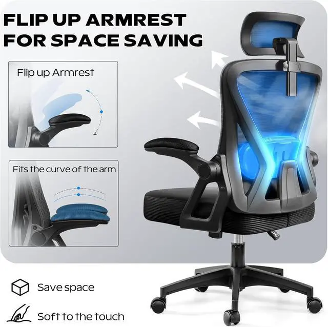 Alt view image 3 of 7 - Ergonomic Office Chair, Home Office Desk Chair with Headrest, High Back Mesh Chair with Flip-up Armrests, Comfy Desk Chair with Lumbar Support, Rolling Swivel Task Computer Chair for Home Office