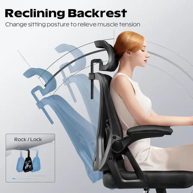 Alt view image 4 of 7 - Ergonomic Office Chair, Home Office Desk Chair with Headrest, High Back Mesh Chair with Flip-up Armrests, Comfy Desk Chair with Lumbar Support, Rolling Swivel Task Computer Chair for Home Office