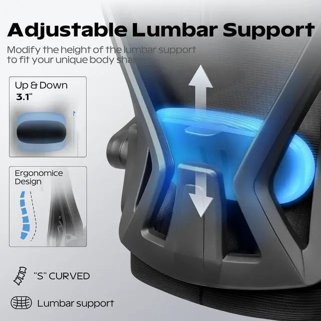 Alt view image 6 of 7 - Ergonomic Office Chair, Home Office Desk Chair with Headrest, High Back Mesh Chair with Flip-up Armrests, Comfy Desk Chair with Lumbar Support, Rolling Swivel Task Computer Chair for Home Office