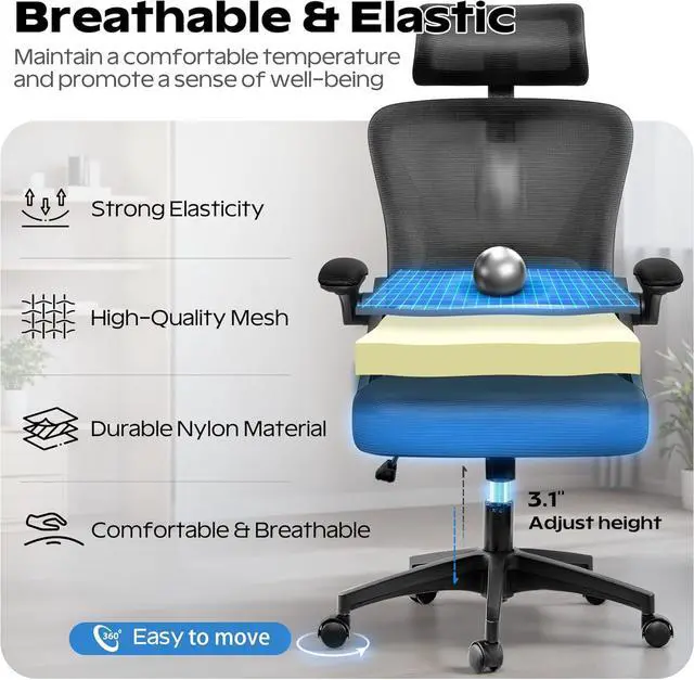 Alt view image 7 of 7 - Ergonomic Office Chair, Home Office Desk Chair with Headrest, High Back Mesh Chair with Flip-up Armrests, Comfy Desk Chair with Lumbar Support, Rolling Swivel Task Computer Chair for Home Office