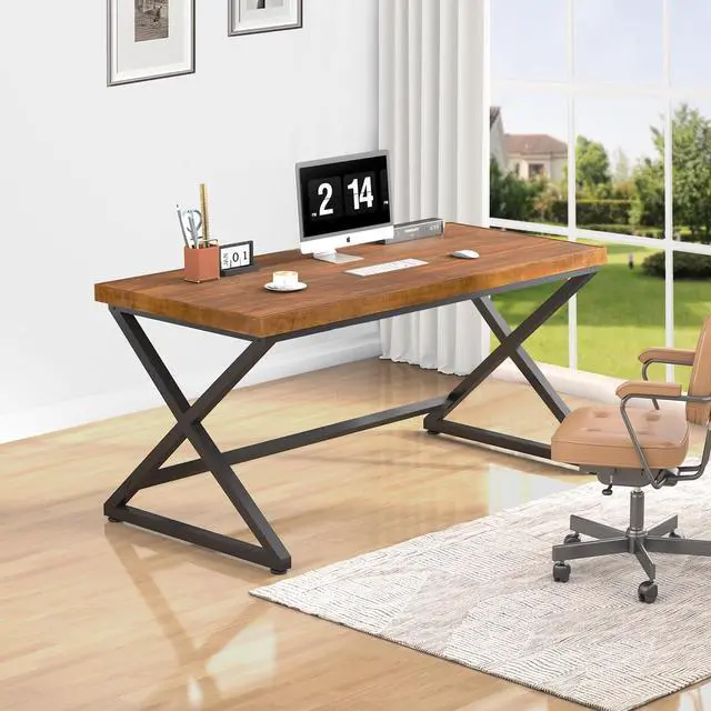 Alt view image 3 of 7 - IBF Solid Wood Computer Desk, Rustic 55 Real Wood Home Office Work Desk, Farmhouse Natural Wood Desk for Writing Study, Simple Fir Wooden PC Table Workstation for Living Room Bedroom, Brown, 55 inch