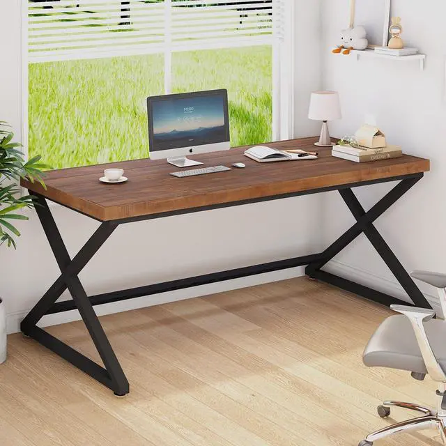 Alt view image 7 of 7 - IBF Solid Wood Computer Desk, Rustic 55 Real Wood Home Office Work Desk, Farmhouse Natural Wood Desk for Writing Study, Simple Fir Wooden PC Table Workstation for Living Room Bedroom, Brown, 55 inch