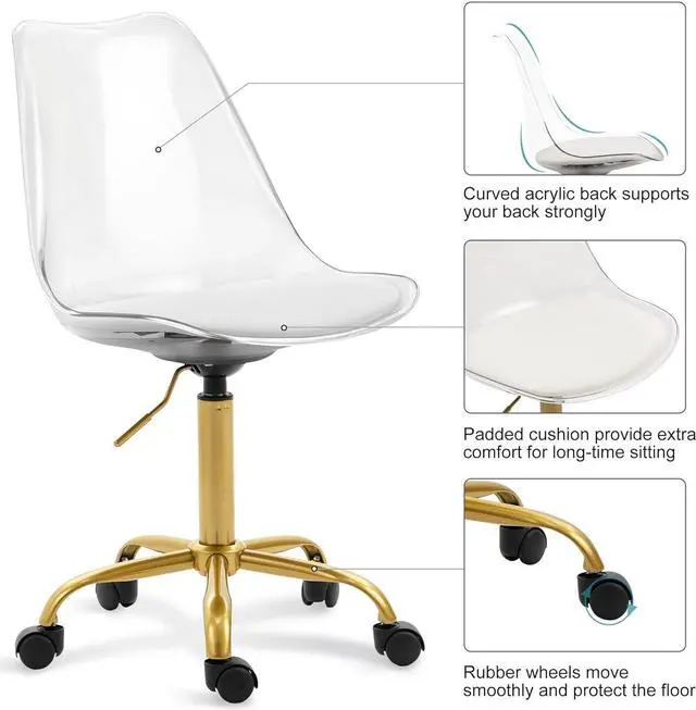 Alt view image 3 of 7 - HOMEFUN Clear Desk Chair with Cushion, Armless Acrylic Rolling Chair with Golden Feet Swivel Height Adjustable Ghost Chair Molded Plastic Home Office Chair with Wheels