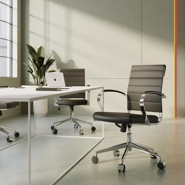 Alt view image 2 of 7 - Mid-Century Modern Black Leather Office Chair with armrests, Adjustable Swivel Desk Chair for Home Office, Ergonomic Executive Chair