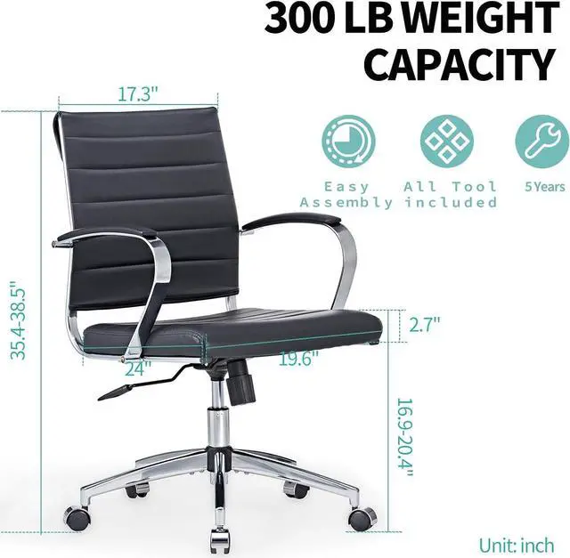 Alt view image 3 of 7 - Mid-Century Modern Black Leather Office Chair with armrests, Adjustable Swivel Desk Chair for Home Office, Ergonomic Executive Chair