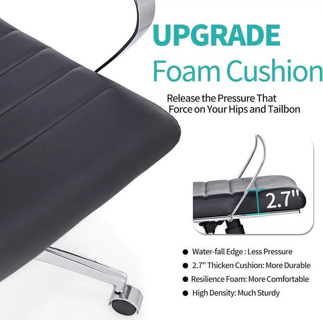 Alt view image 5 of 7 - Mid-Century Modern Black Leather Office Chair with armrests, Adjustable Swivel Desk Chair for Home Office, Ergonomic Executive Chair