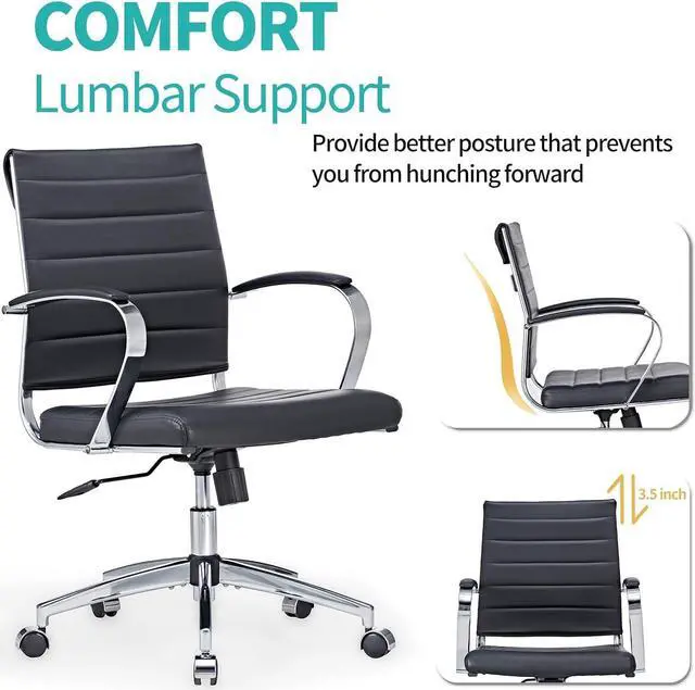 Alt view image 6 of 7 - Mid-Century Modern Black Leather Office Chair with armrests, Adjustable Swivel Desk Chair for Home Office, Ergonomic Executive Chair