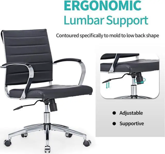 Alt view image 4 of 7 - Mid-Century Modern Black Leather Office Chair with armrests, Adjustable Swivel Desk Chair for Home Office, Ergonomic Executive Chair