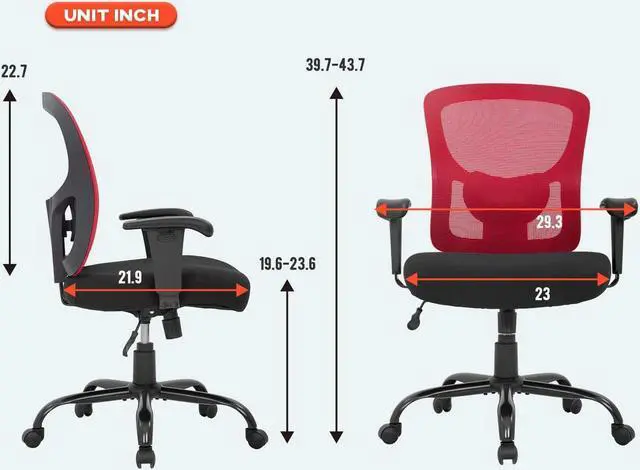 Alt view image 3 of 7 - Big and Tall Office Chair+400lbs Wide Seat Mesh Desk Chair+Massage Rolling Swivel Ergonomic Computer Chair with Lumbar Support Adjustable Arms Task Chair for Heavy People+ (Red)