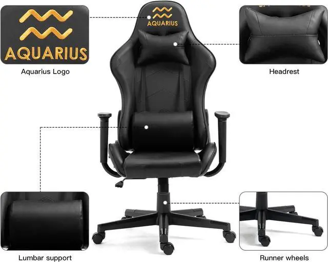 Alt view image 3 of 7 - Modern-Depo Aquarius Zodiac Gaming Chair with Ergonomic Design, Adjustable Swivel Recliner, 330 lbs Load Capacity, Black