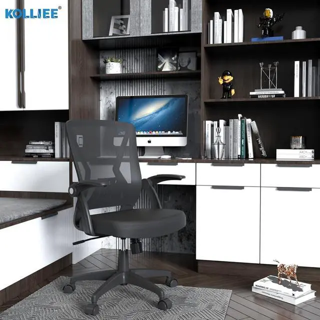 Alt view image 2 of 7 - KOLLIEE Mid Back Mesh Office Chair Ergonomic Swivel Black Mesh Computer Chair Flip Up Arms with Lumbar Support Adjustable Height Task Chair