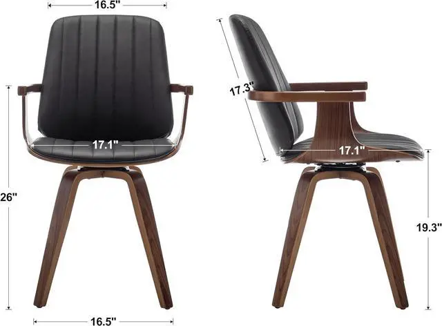 Alt view image 2 of 7 - Swivel Dining Chairs, Set of 2 Kitchen Swivel Chairs with Walnut Craftsmanship, Upholstered Faux Leather, Wooden Arms and Legs, Walnut Dining Chairs for Kitchen/Living Room (Black, Swiv)