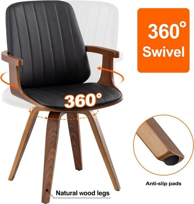 Alt view image 3 of 7 - Swivel Dining Chairs, Set of 2 Kitchen Swivel Chairs with Walnut Craftsmanship, Upholstered Faux Leather, Wooden Arms and Legs, Walnut Dining Chairs for Kitchen/Living Room (Black, Swiv)